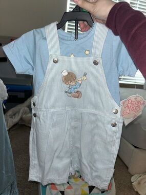 Vintage Precious Moments Light Blue Pinstripe Overalls with Blue Tee